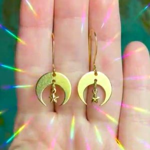 Handmade Brass Moon & Star Earrings with Hypo-Allergenic Gold Plated Ear Wires